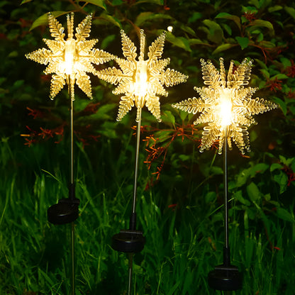 LED solar snowflake garden light with flower-shaped head, warm light, and 2V 100mA solar panel for outdoor lawn use