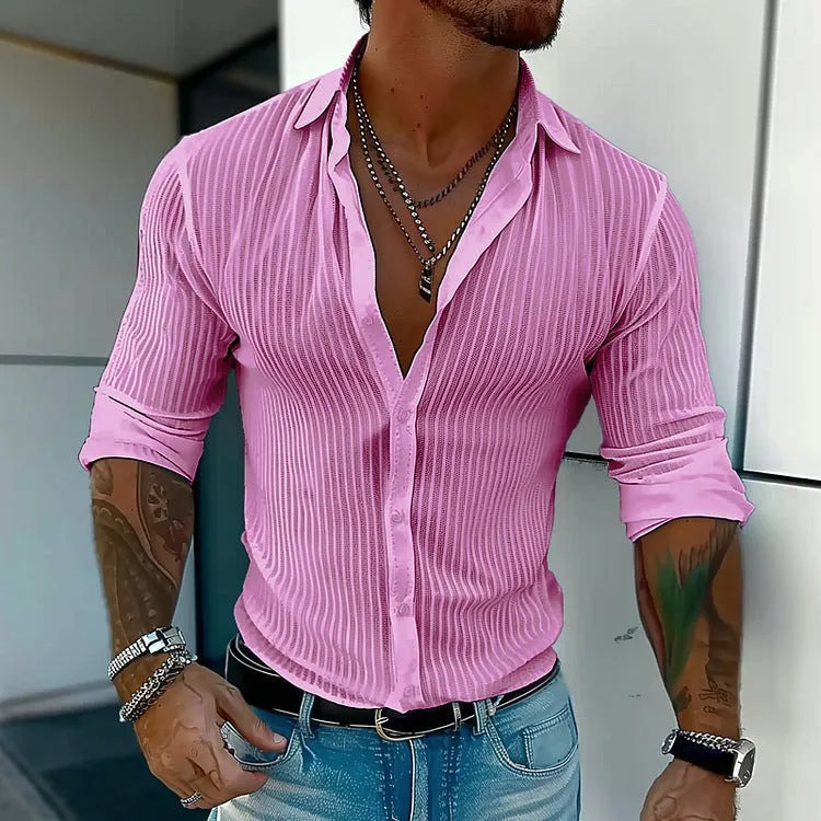 Men's striped British style cardigan shirt in polyester flat mop cloth fabric