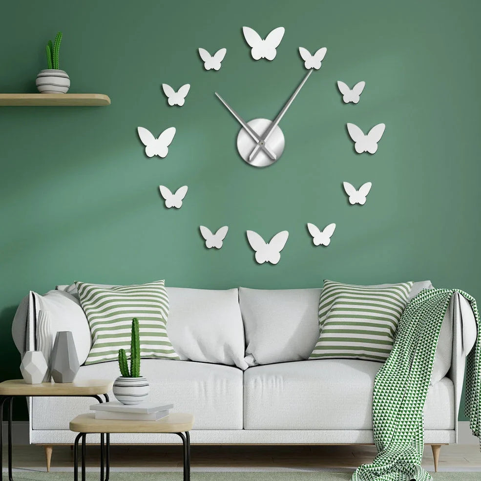 Scandinavian 3D butterfly mirror wall clock in round black gold or silver for living room bedroom decor