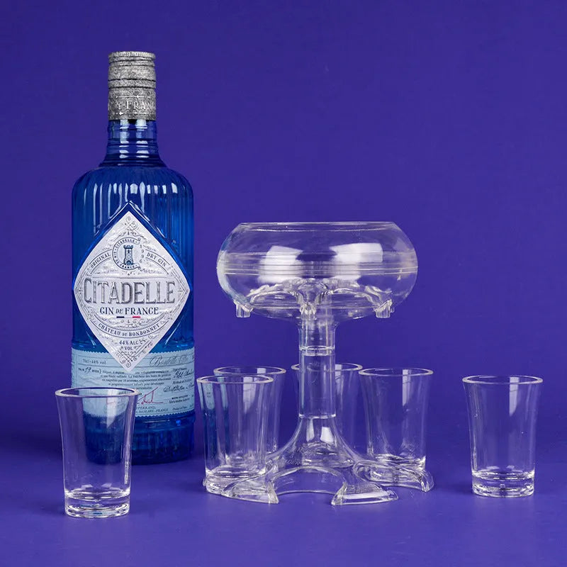 Transparent PMMA 6-shot glass dispenser stand with six shot glasses on a bar