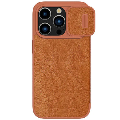 Flip-style imitation leather phone case for iPhone 14 Pro Max in black, brown, and red colour options