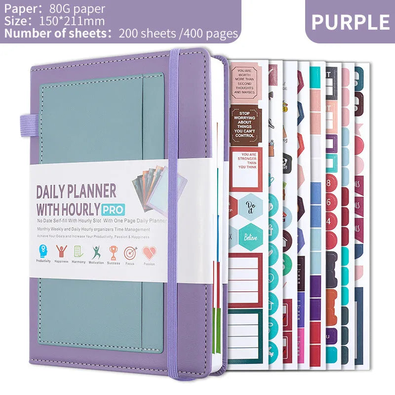 PU leather no date notebook open showing undated strap layout and thread binding, in purple colour.