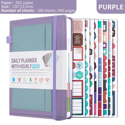 PU leather no date notebook open showing undated strap layout and thread binding, in purple colour.