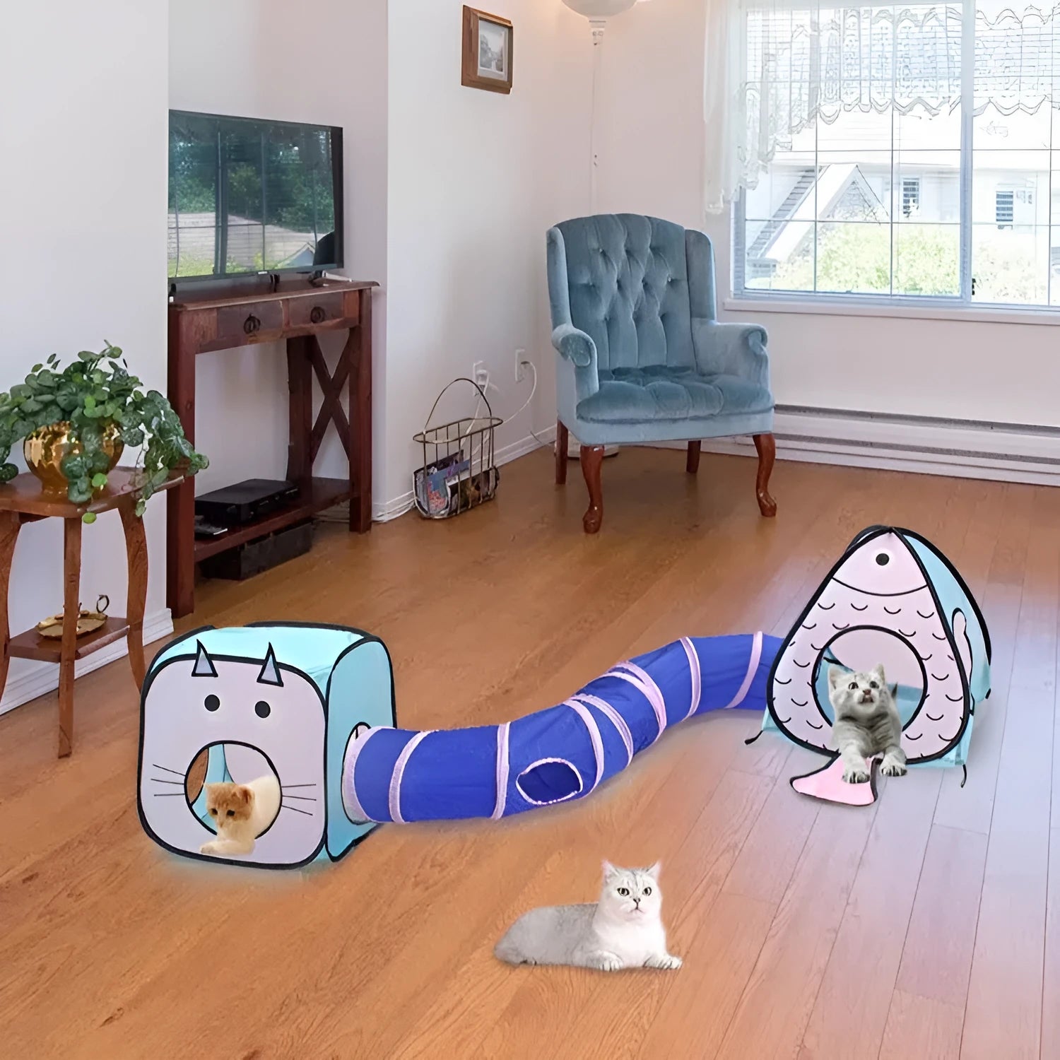 Foldable grey cat play set with pop-up tent and two connecting tunnels laid out on a carpet.