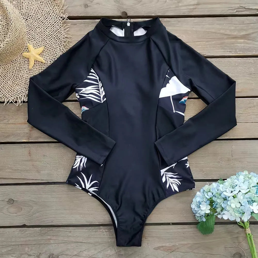 Women's black printed long-sleeved one-piece diving suit for swimming