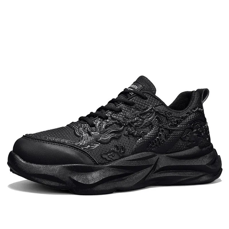 Chinese Loong breathable Fly Knit casual sneakers in four dragon colourways on a rubber sole.