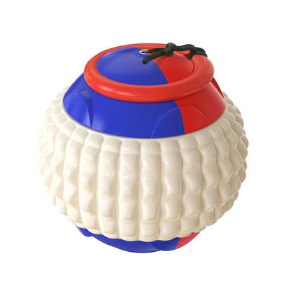 Interactive hand-throwing pet ball with textured rubber surface and retractable drawstring for engaging play and dental care