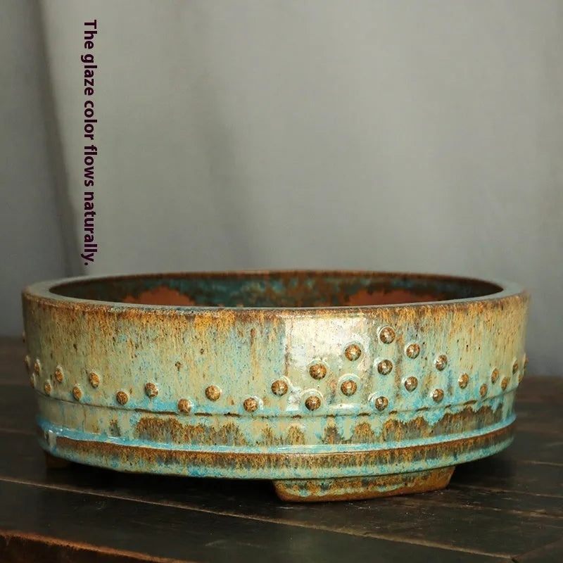Handmade round ceramic purple sand planter with high temperature firewood glaze finish for flowers and green plants
