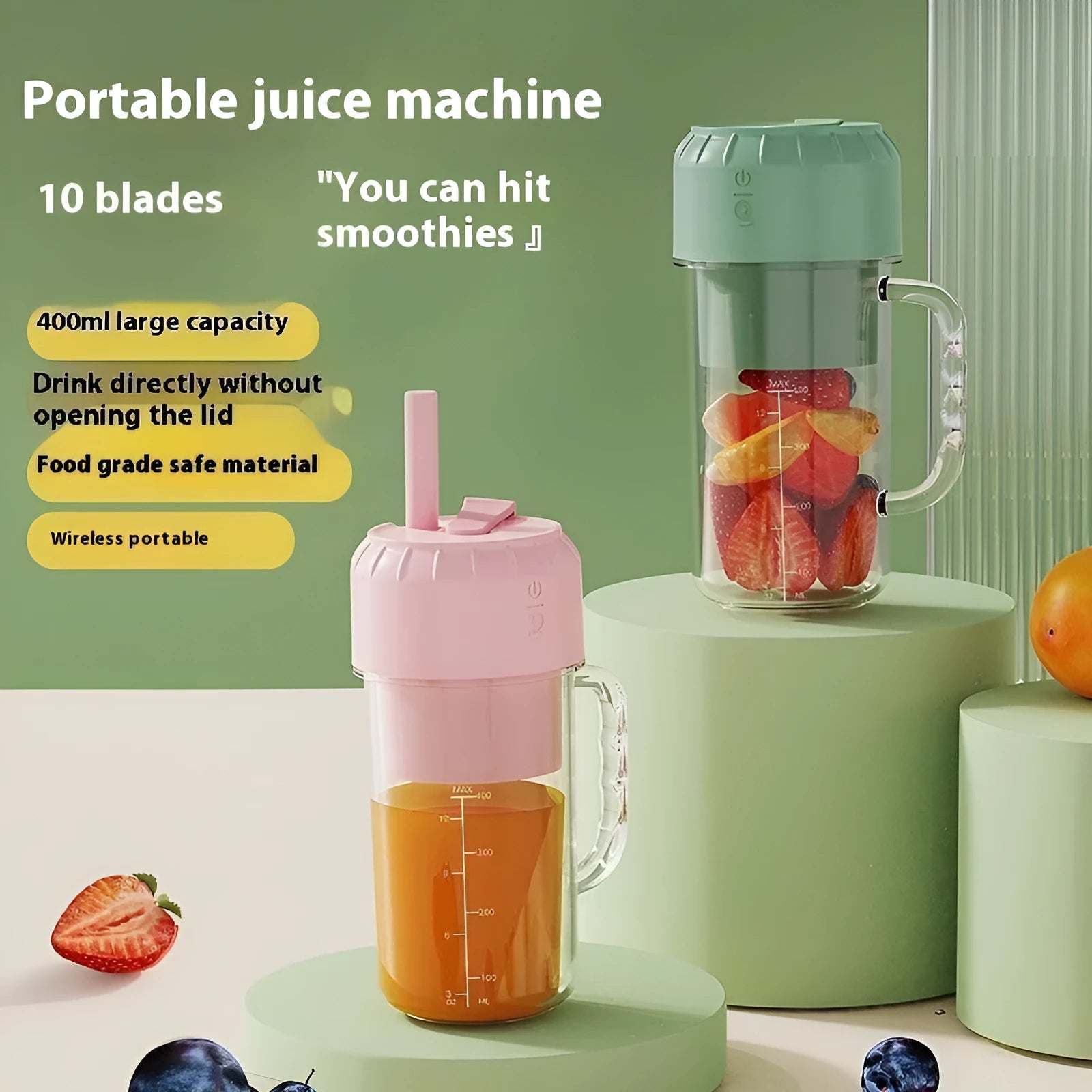 Portable USB-powered juicer in avocado green colour with blending jug