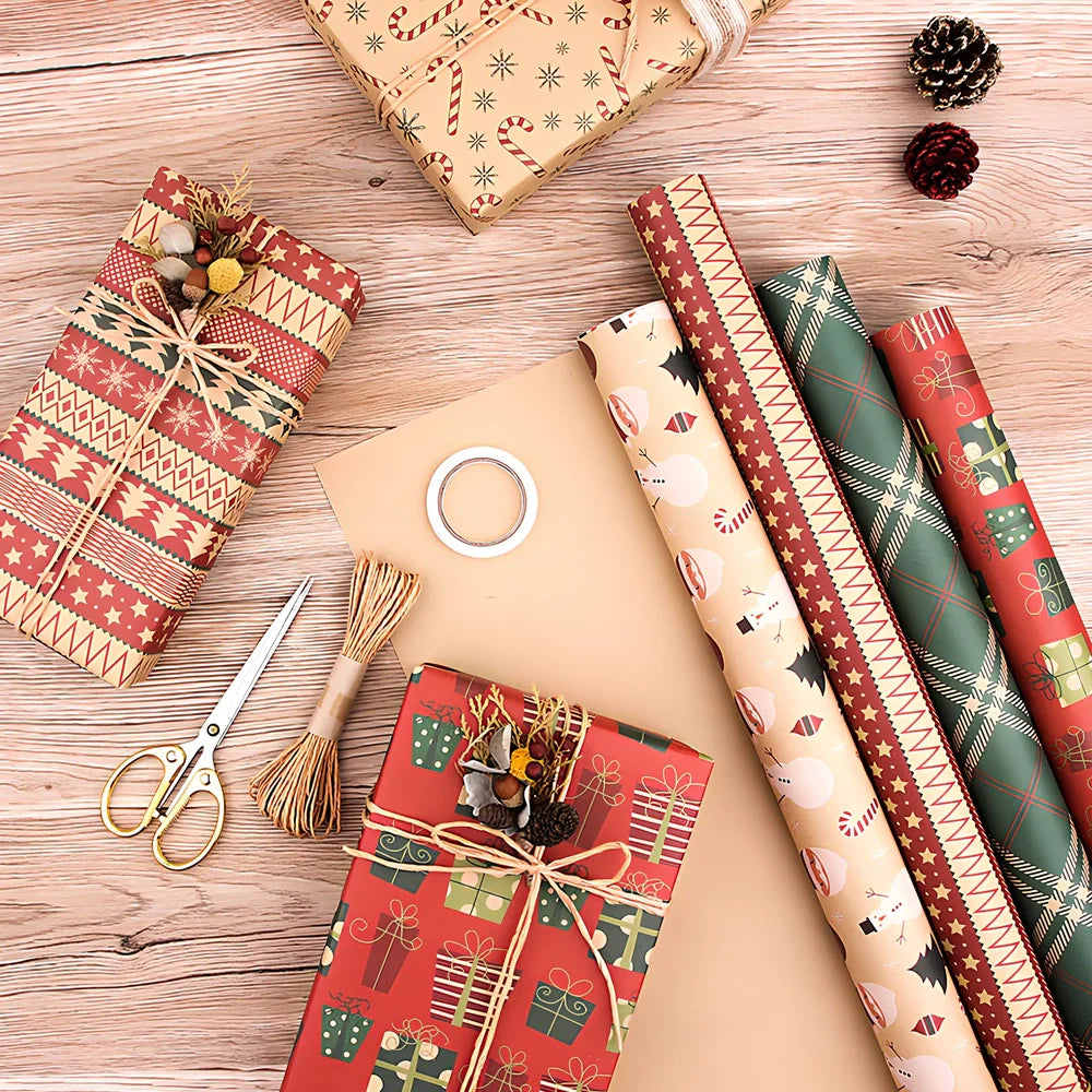 Vintage Christmas kraft wrapping paper showing one of six designs with 80g weight specification