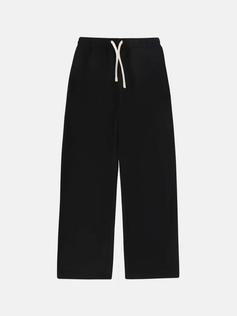 Men's fleece-lined drawstring sweatpants in loose fit trousers length available in black, dark blue, dark grey, light grey, new silver grey, and white flower grey colours with Asian sizing guide for S, M, L, XL sizes