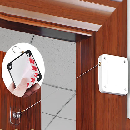 Punch-free automatic retractable sliding door security device with anti-theft cable box measuring 63x63x18mm