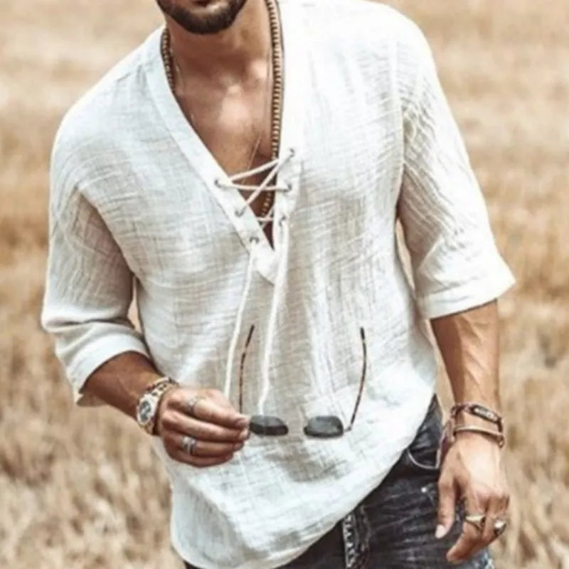 Men's apricot short-sleeved button-up shirt, lightweight and breathable for summer wear