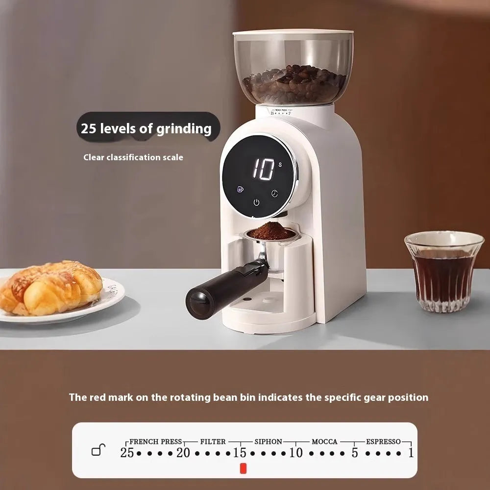 Smart electric coffee grinder in black or white with adjustable scale, plastic body, HB583 or HB683 model options