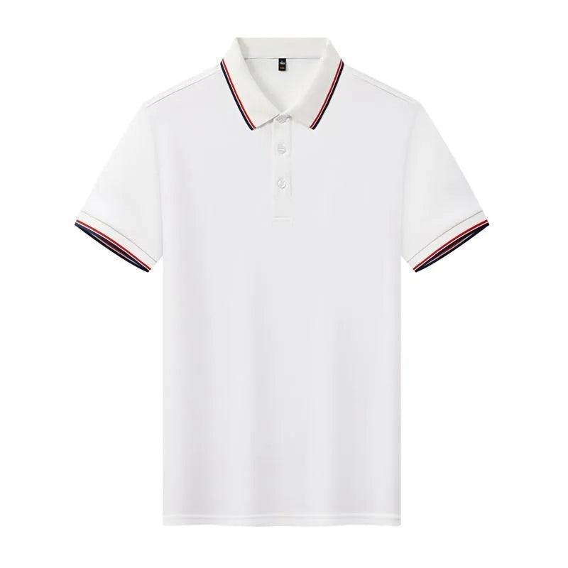 Men's short sleeve polo shirt in thin nylon fabric with straight cut and leisure styling, available in black, light grey, navy blue, pink, red, sapphire blue, white, and yellow colour options for S, M, L, XL, XXL, 3XL, and 4XL Asian sizing