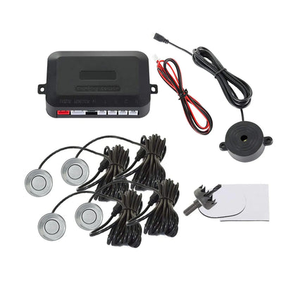 4-probe buzzer reversing radar kit with sensors, control module, and hole saw.