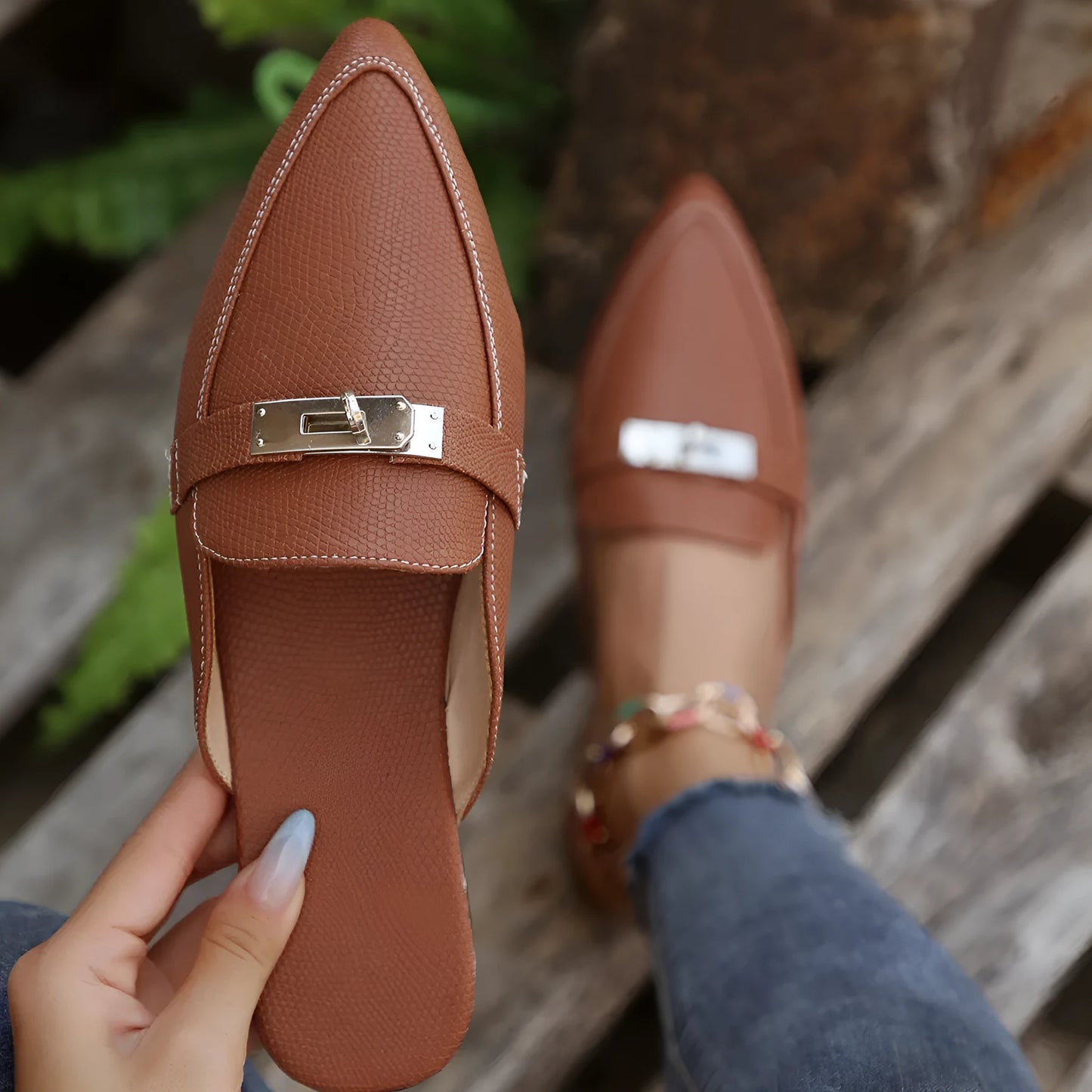 Light brown women's pointed-toe low heel slip-on slippers with a PU leather upper and rubber sole.