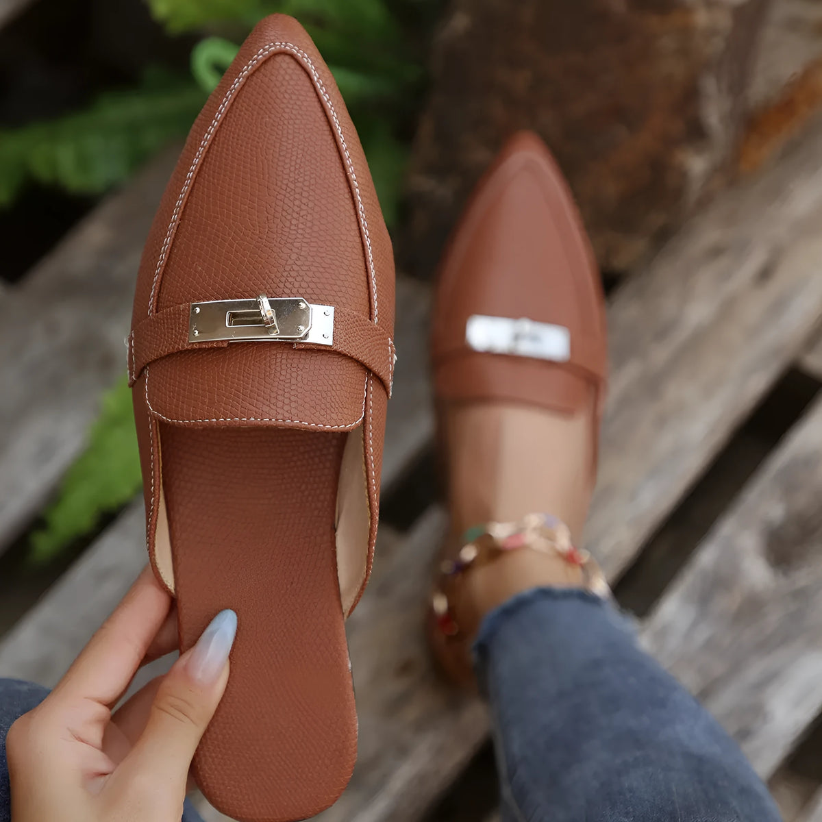 Light brown women's pointed-toe low heel slip-on slippers with a PU leather upper and rubber sole.