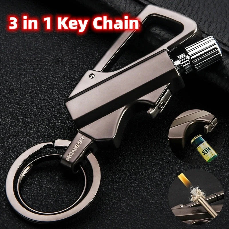 Metal keychain lighter with flint starter and bottle opener in various colors