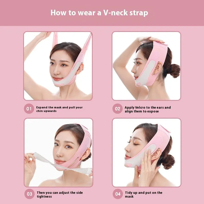 Pink and black elastic V-shaped face bandage for facial contouring and skin toning.