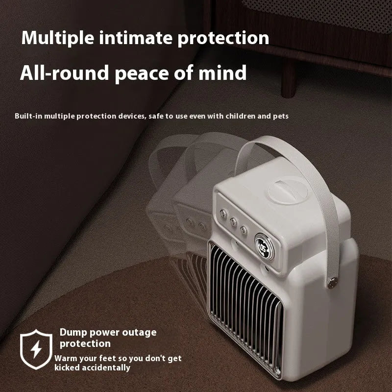 White compact table heater with humidifier function, control panel showing heat and fan settings.