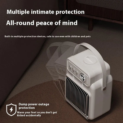 White compact table heater with humidifier function, control panel showing heat and fan settings.