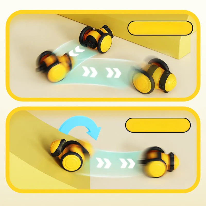 Electric bee-shaped cat car toy with feather teaser moving on floor
