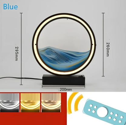 Black and white quicksand table lamp, 295mm tall with LED lights and remote control, coloured sand in glass chamber