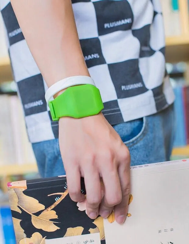 Square digital electronic watch with touch screen on a PU strap, shown in multiple colour options.