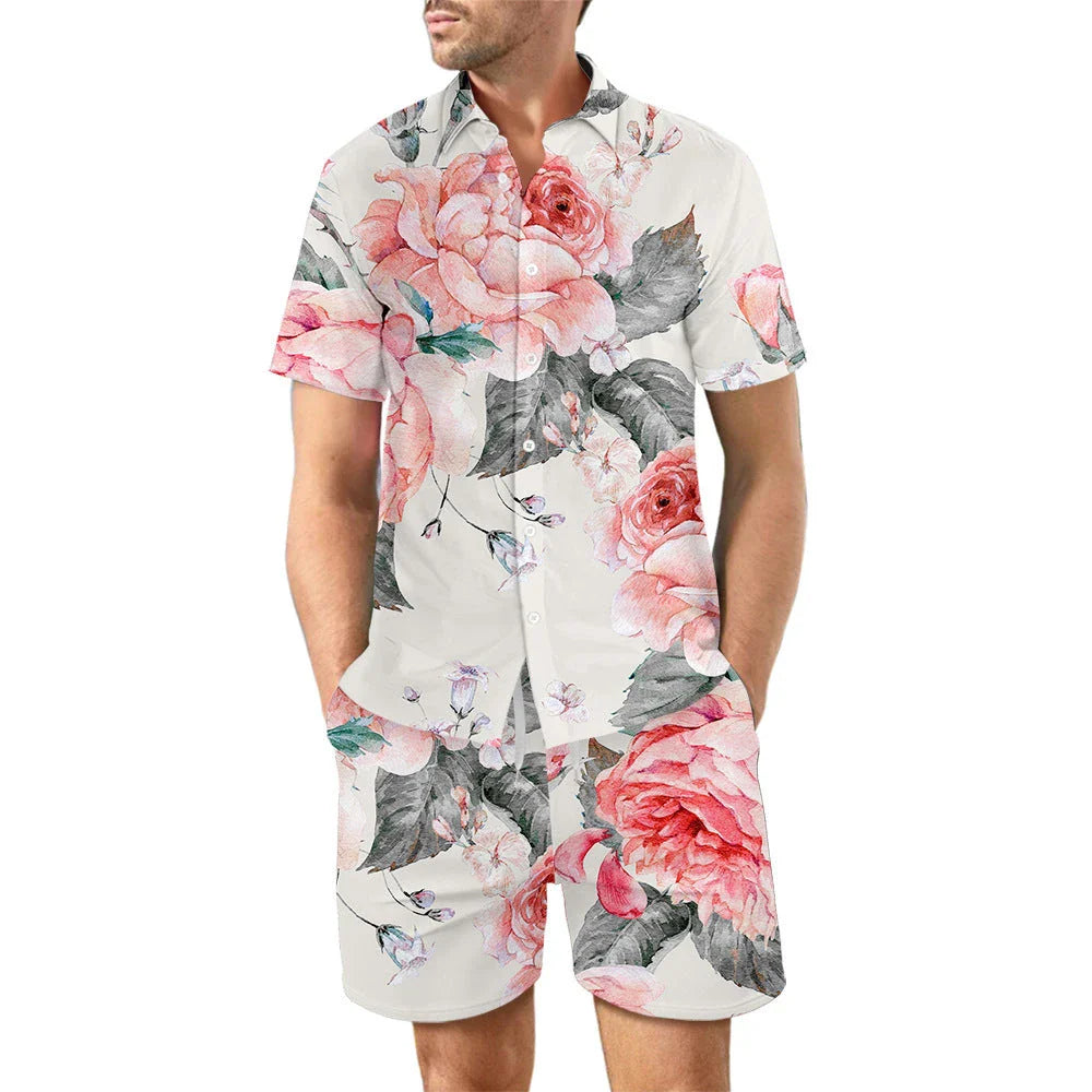 Stylish two-piece beach outfit with a relaxed button-up shirt and drawstring shorts in vibrant tropical prints