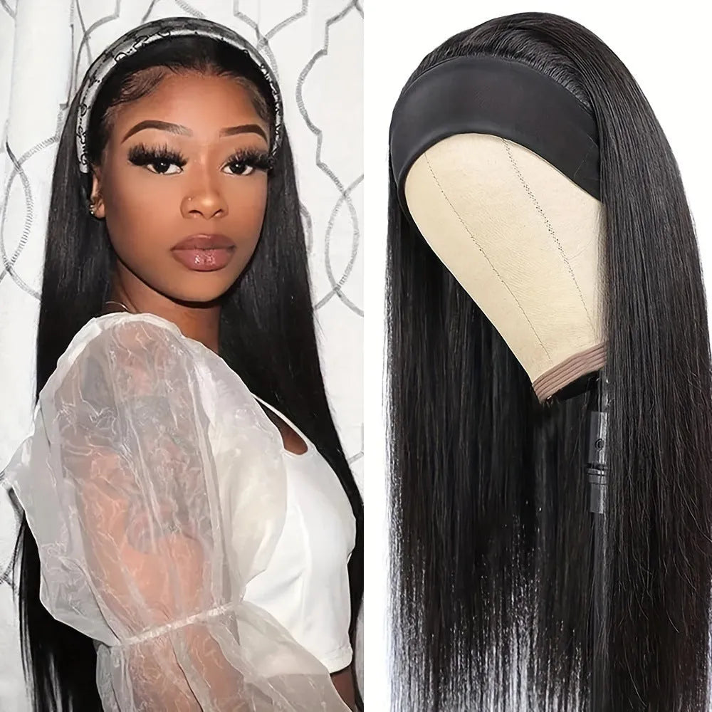 Headband wig with long straight synthetic hair in black colour option