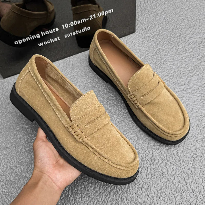 Men's slip-on casual shoes in apricot colour with microfiber upper and rubber sole.