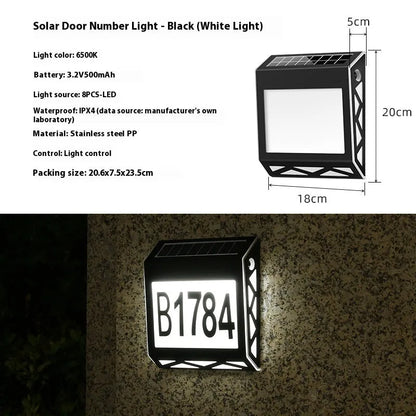 Solar powered outdoor doorplate light with waterproof housing and LED illumination