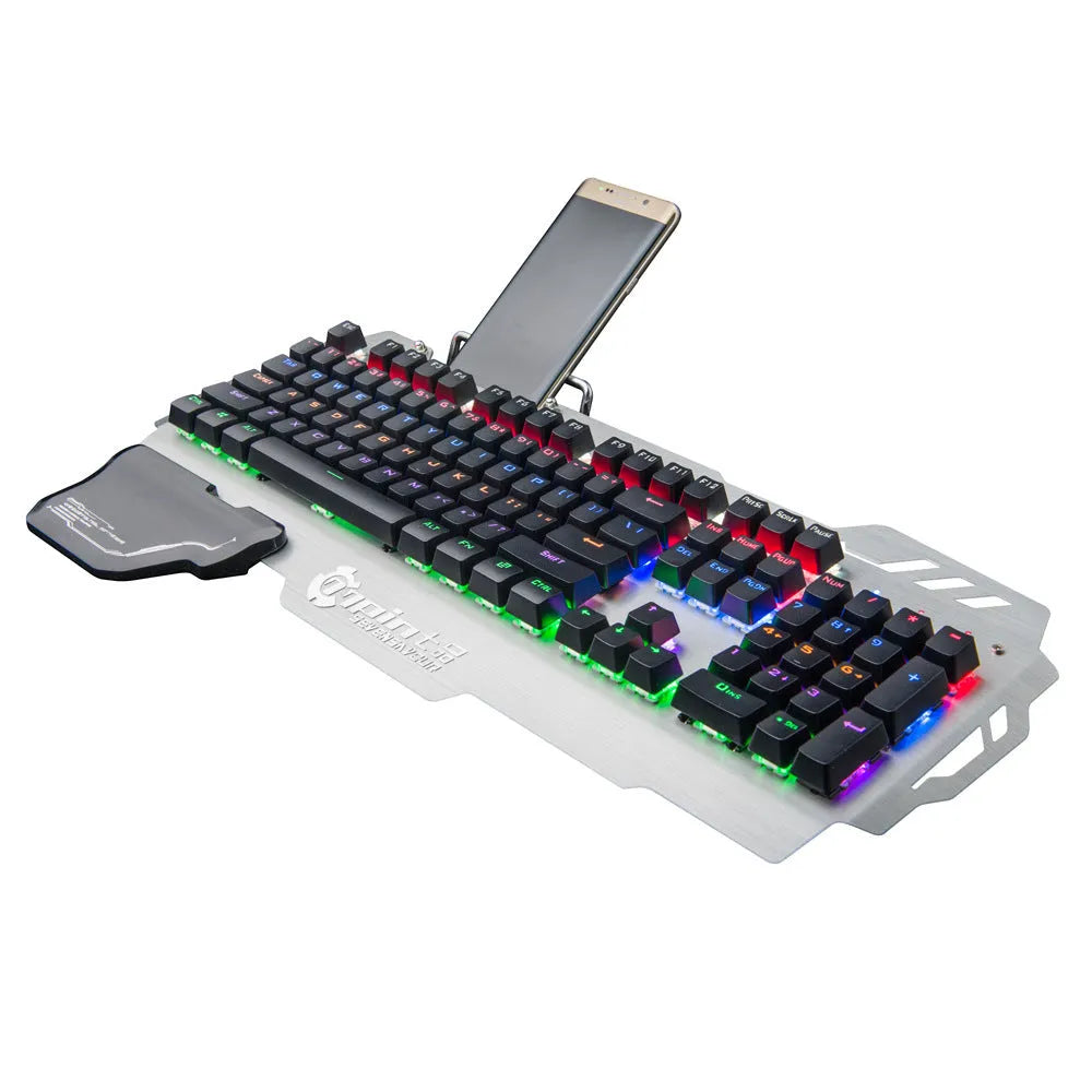 Silver metal gaming keyboard with integrated wrist rest and green mechanical keys on desktop
