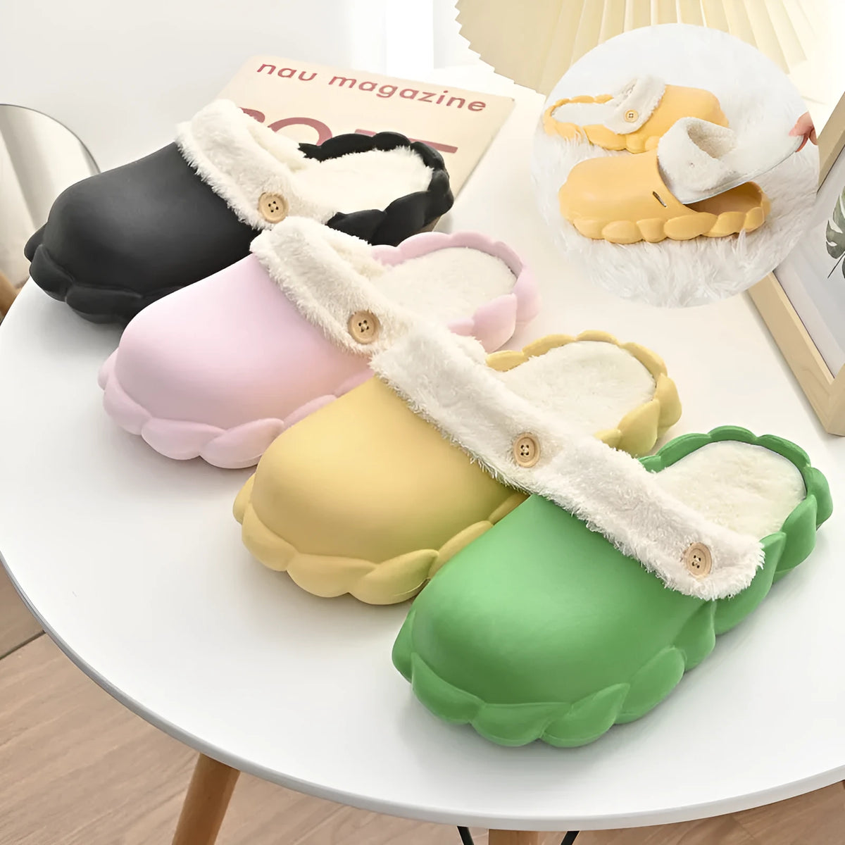 Waterproof EVA winter slippers with plush lining, detachable overshoes in pink, yellow, green, grey, black.