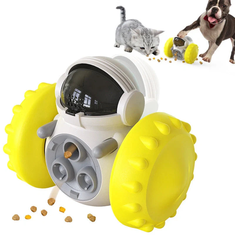 Interactive dog toy with food dispenser in yellow, green, and blue for mental stimulation