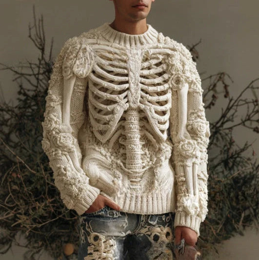 Beige 3D digital printing sweater with stereo pattern, round neck, and conventional sleeves