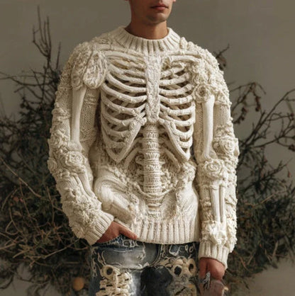 Beige 3D digital printing sweater with stereo pattern, round neck, and conventional sleeves