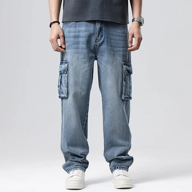 Men's loose-fit hip hop trousers with multi-pocket design in retro denim
