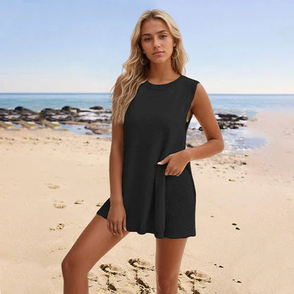 Stylish two-piece knit summer set with split-front vest top and matching shorts in a variety of vibrant colors