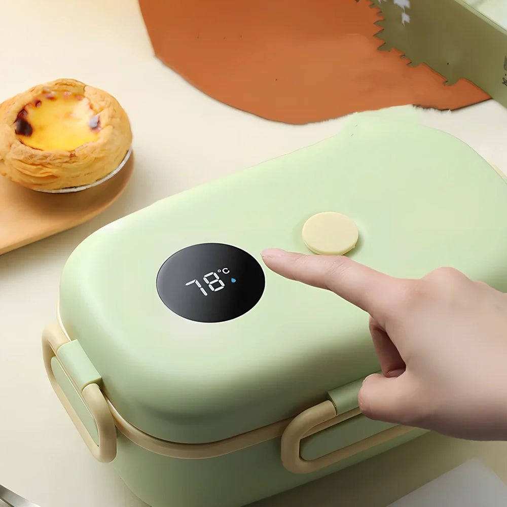Rectangular lunch box with digital temperature display on lid, green colour, dimensions 235x150x99mm