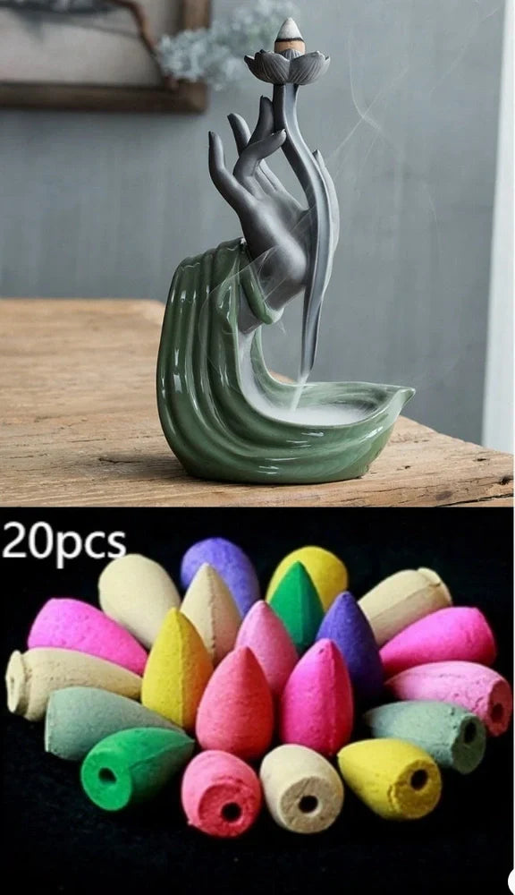Wood flour indoor incense tower burner, 15cm tall with 8cm base and colour glaze, viewing smoke from 2.5cm cones