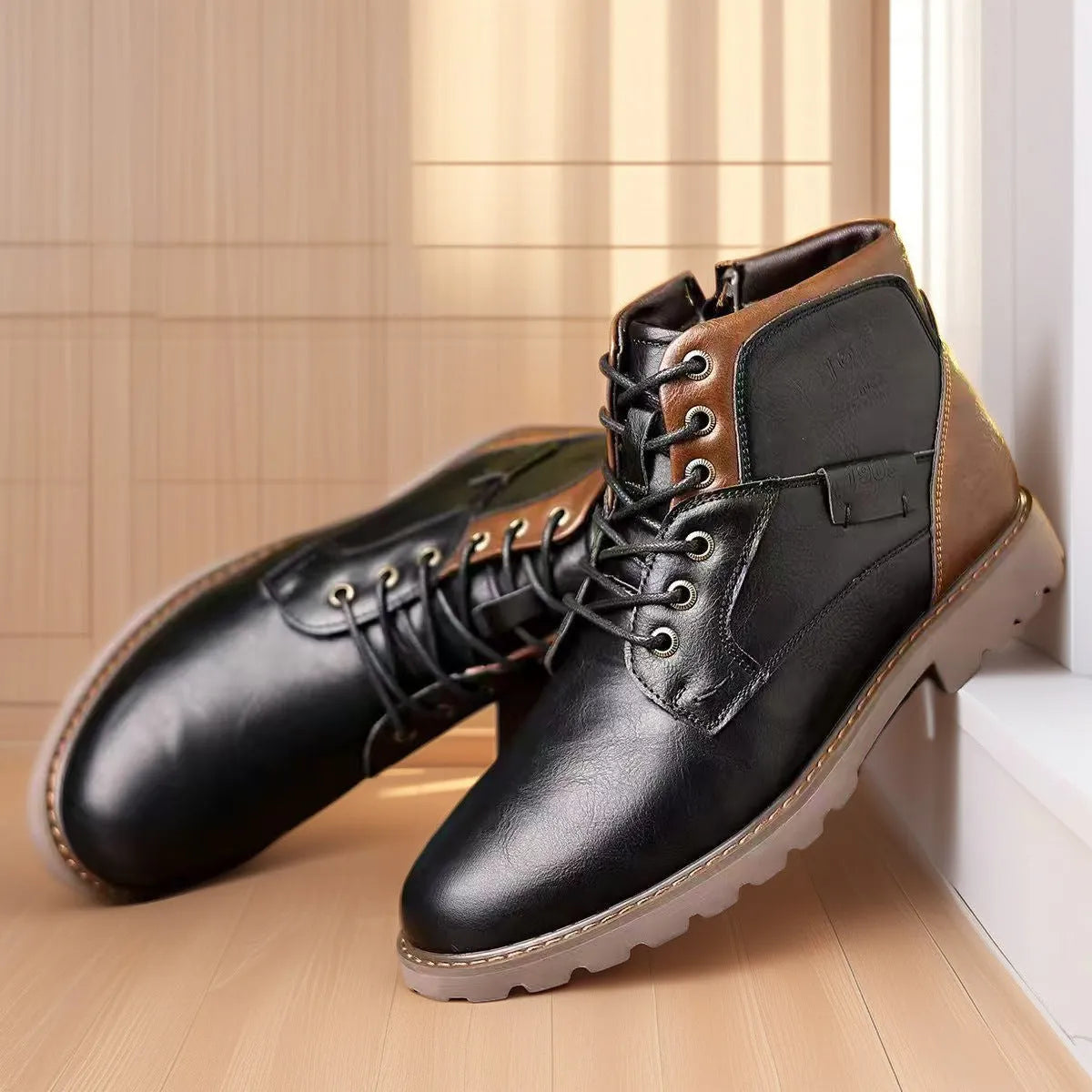Men's brown ankle boots with side zip fastening and round toe design
