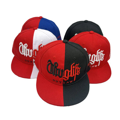Street hip hop hat with embroidered letters in two colours on dome crown, adult sizing 56-60cm