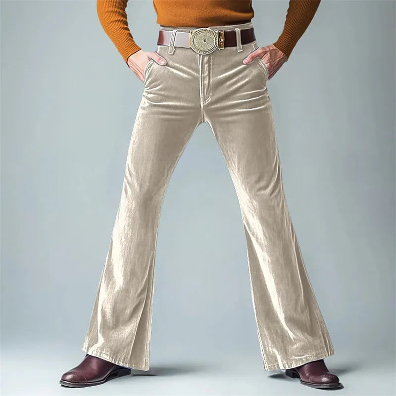 Men's velvet slim flared suit trousers in seven colours including black, dark red, green, blue, khaki, brown and yellow
