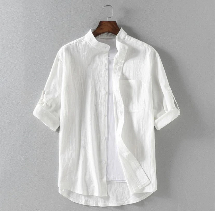 Men's linen stand collar loose shirt in white, black, and green colors