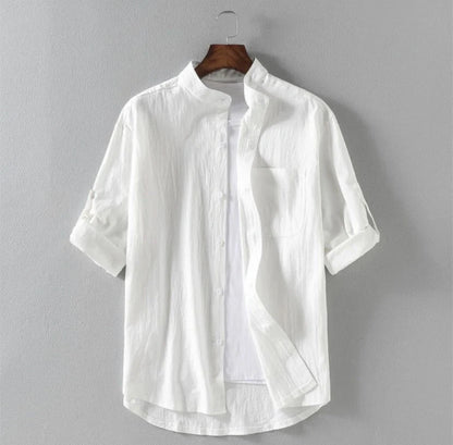 Men's linen stand collar loose shirt in white, black, and green colors