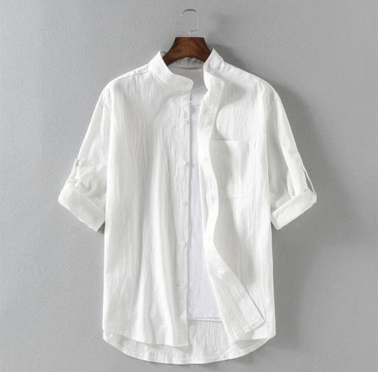Men's linen stand collar loose shirt in white, black, and green colors