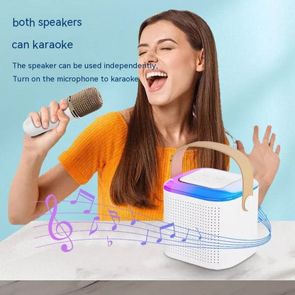 Bluetooth karaoke machine with two wireless microphones and RGB lighting