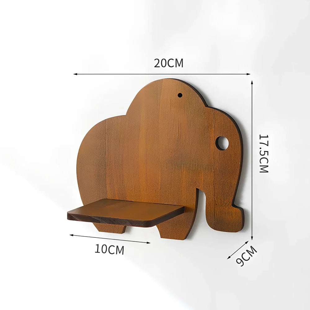 Solid wood wall shelving with irregular shape displaying plants in water bottle reservoirs with retro castle design